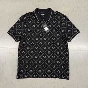 True Religion Black and Gray Logo Patterned Polo Shirt